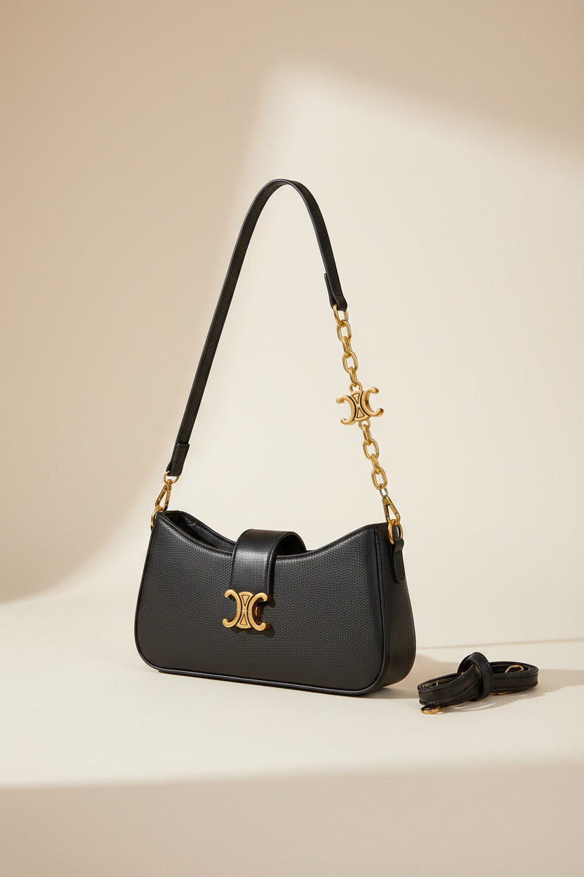 Chic Triomphe Clasp Shoulder Bag with Chain & Belt Straps