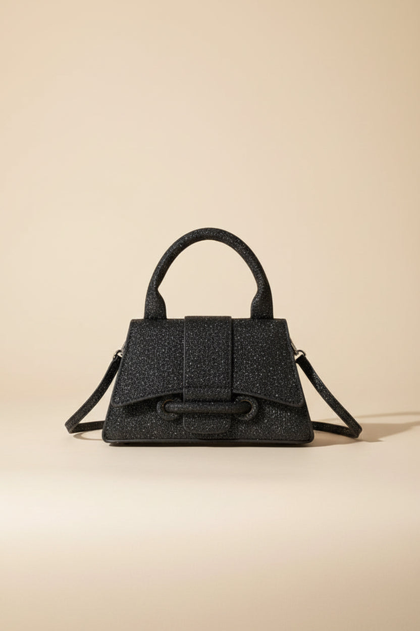 Sparkling Mini Textured Leather Top-Handle Bag – Micro Crossbody Purse with Belt Buckle Accent