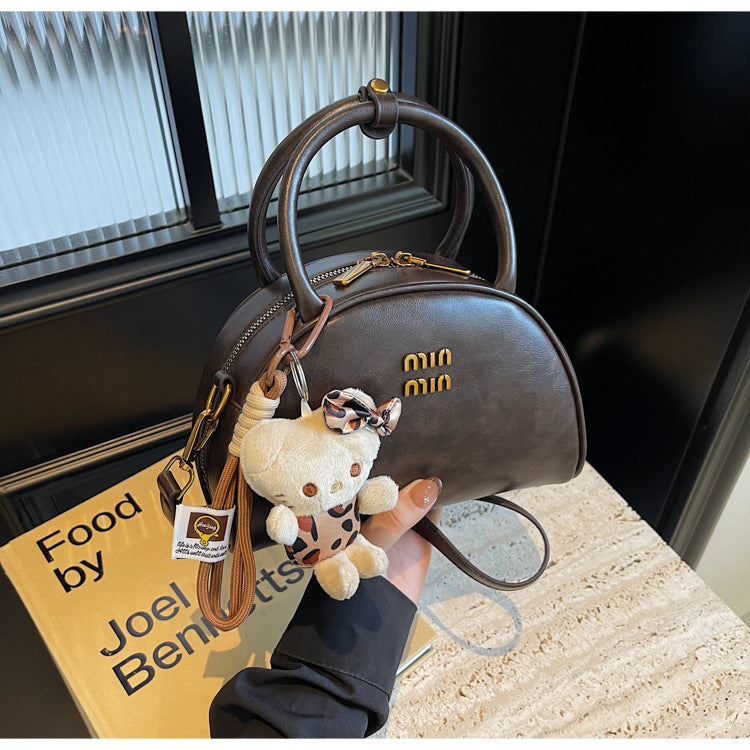 Vintage Dome Top-Handle Bag with Cute Bear Keychain