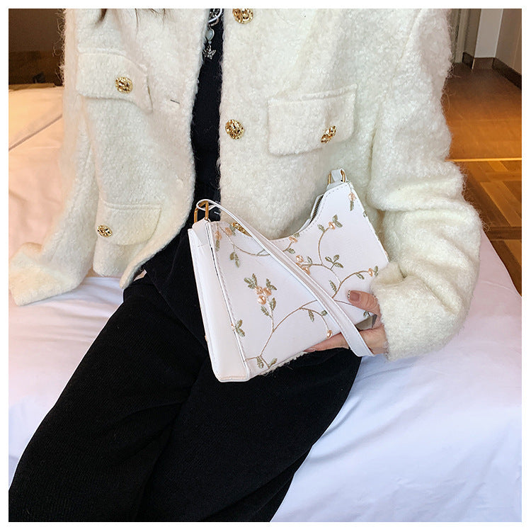 Vintage Mesh Vine & Floral Shoulder Bag – Cream White
